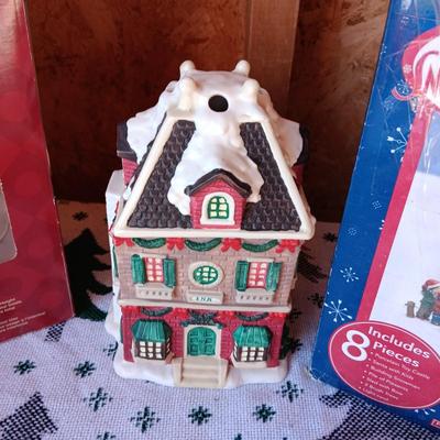 2 CHRISTMAS VILLAGE BUILDINGS, ANGEL TREE TOPPER, CANDLES AND PLATE
