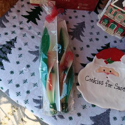 2 CHRISTMAS VILLAGE BUILDINGS, ANGEL TREE TOPPER, CANDLES AND PLATE