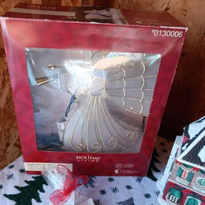 2 CHRISTMAS VILLAGE BUILDINGS, ANGEL TREE TOPPER, CANDLES AND PLATE