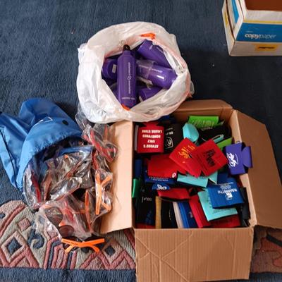 BOX OF COOZIES, BAG OF SUNGLASSES AND METAL WATER BOTTLES