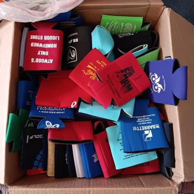 BOX OF COOZIES, BAG OF SUNGLASSES AND METAL WATER BOTTLES