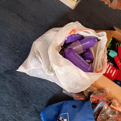 BOX OF COOZIES, BAG OF SUNGLASSES AND METAL WATER BOTTLES