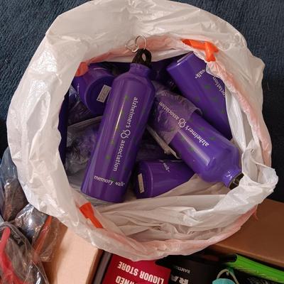 BOX OF COOZIES, BAG OF SUNGLASSES AND METAL WATER BOTTLES