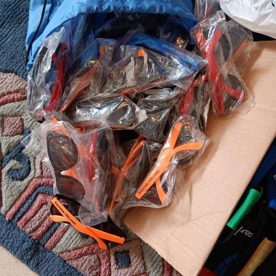 BOX OF COOZIES, BAG OF SUNGLASSES AND METAL WATER BOTTLES