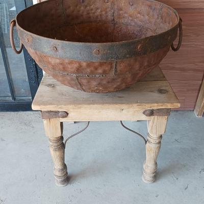 PRIMITIVE CAST IRON CAULDRON WITH IRON BAND AND HANDLES