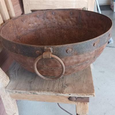 PRIMITIVE CAST IRON CAULDRON WITH IRON BAND AND HANDLES