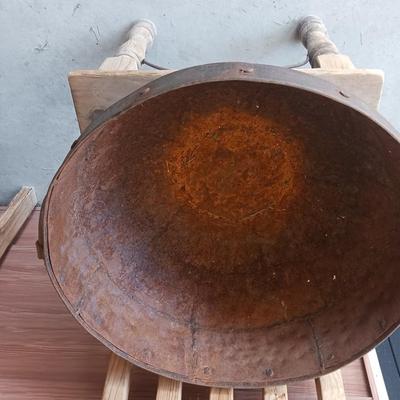PRIMITIVE CAST IRON CAULDRON WITH IRON BAND AND HANDLES
