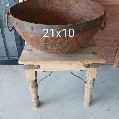 PRIMITIVE CAST IRON CAULDRON WITH IRON BAND AND HANDLES