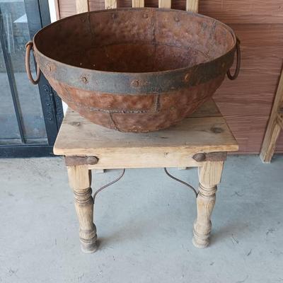 PRIMITIVE CAST IRON CAULDRON WITH IRON BAND AND HANDLES