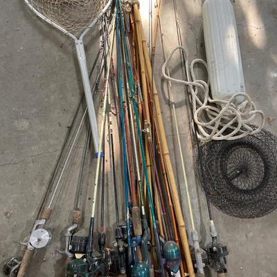 Large lot of vintage, fishing, rods, net, etc.
