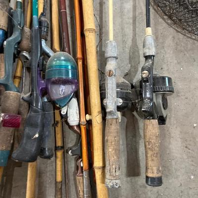 Large lot of vintage, fishing, rods, net, etc.