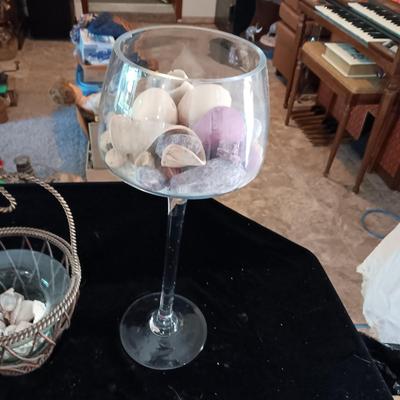 TALL STEMMED BOWL, WOODEN VASE, METAL BASKET AND MORE