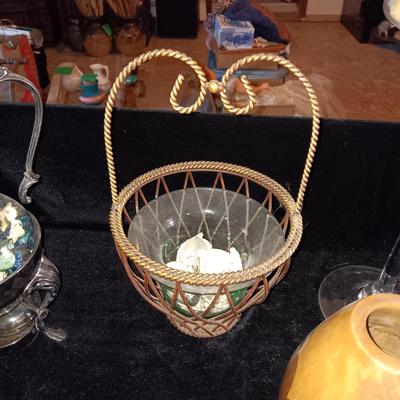 TALL STEMMED BOWL, WOODEN VASE, METAL BASKET AND MORE