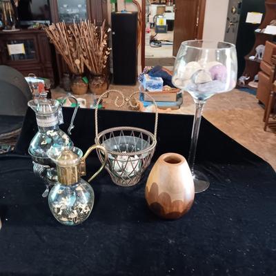 TALL STEMMED BOWL, WOODEN VASE, METAL BASKET AND MORE