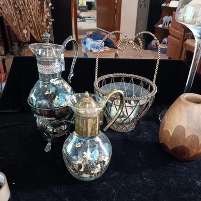 TALL STEMMED BOWL, WOODEN VASE, METAL BASKET AND MORE