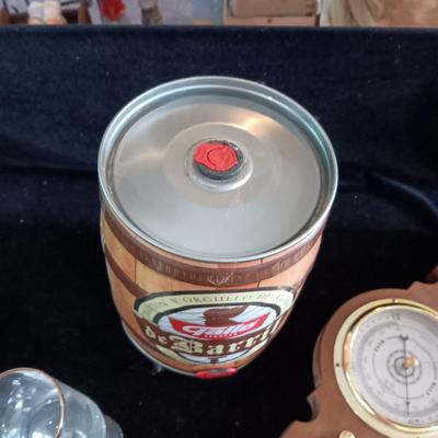 SEALED GALLO DE BARRIL & CAN OF JR BEER, BAROMETER AND COORS GLASS