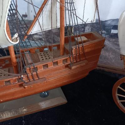 DETAILED MODEL SHIP (MAYFLOWER) AND WAGON