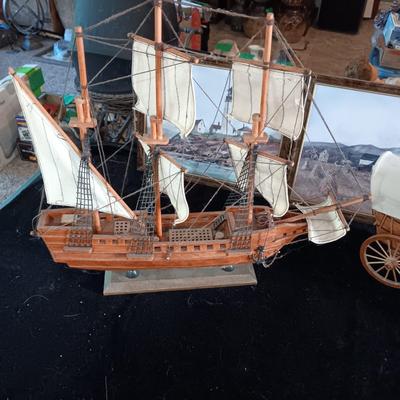 DETAILED MODEL SHIP (MAYFLOWER) AND WAGON