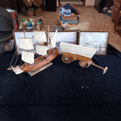 DETAILED MODEL SHIP (MAYFLOWER) AND WAGON