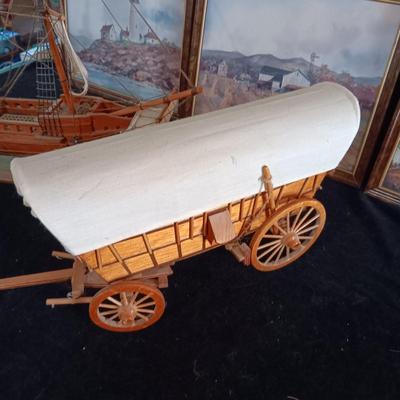 DETAILED MODEL SHIP (MAYFLOWER) AND WAGON