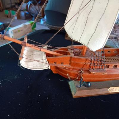 DETAILED MODEL SHIP (MAYFLOWER) AND WAGON