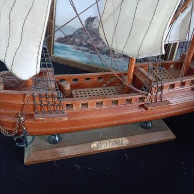 DETAILED MODEL SHIP (MAYFLOWER) AND WAGON