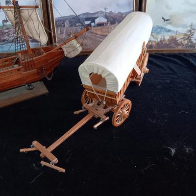 DETAILED MODEL SHIP (MAYFLOWER) AND WAGON