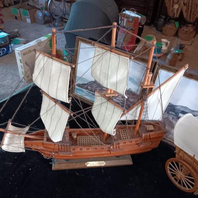 DETAILED MODEL SHIP (MAYFLOWER) AND WAGON