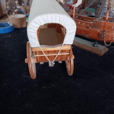 DETAILED MODEL SHIP (MAYFLOWER) AND WAGON