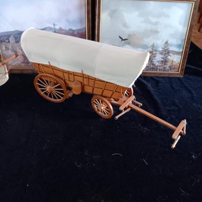 DETAILED MODEL SHIP (MAYFLOWER) AND WAGON