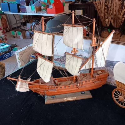 DETAILED MODEL SHIP (MAYFLOWER) AND WAGON