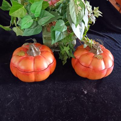 BATTERY OPERATED FROG, 2 PUMPKIN DISHES W/LIDS AND FAUX PLANT