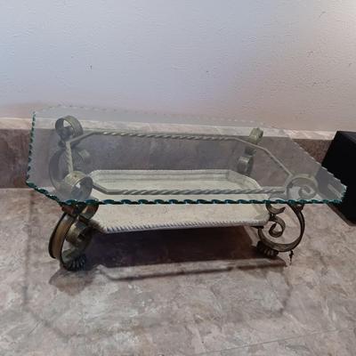 2 TIER SCALLOPED GLASS TOP SOFA AND COFFEE TABLES W/IRON FRAMES