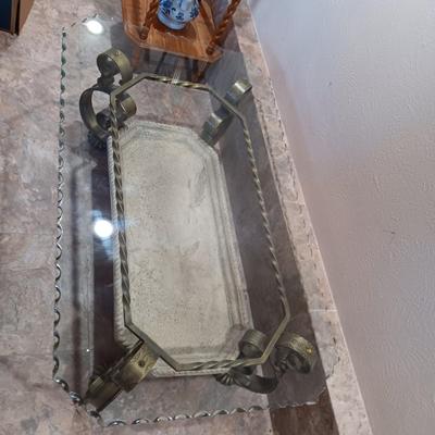 2 TIER SCALLOPED GLASS TOP SOFA AND COFFEE TABLES W/IRON FRAMES