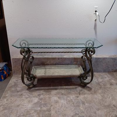 2 TIER SCALLOPED GLASS TOP SOFA AND COFFEE TABLES W/IRON FRAMES