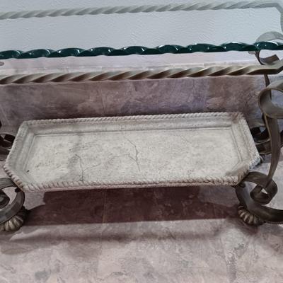 2 TIER SCALLOPED GLASS TOP SOFA AND COFFEE TABLES W/IRON FRAMES