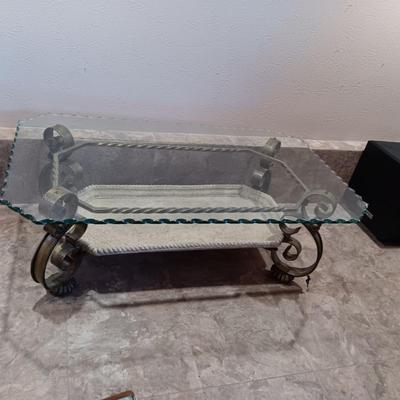 2 TIER SCALLOPED GLASS TOP SOFA AND COFFEE TABLES W/IRON FRAMES