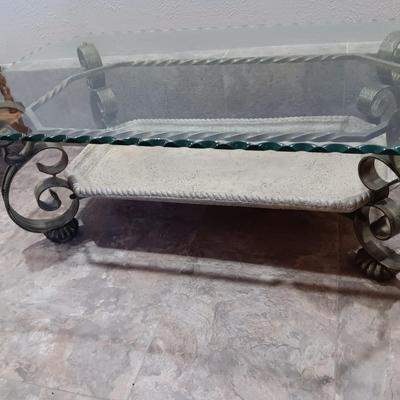2 TIER SCALLOPED GLASS TOP SOFA AND COFFEE TABLES W/IRON FRAMES