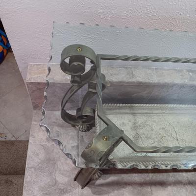 2 TIER SCALLOPED GLASS TOP SOFA AND COFFEE TABLES W/IRON FRAMES