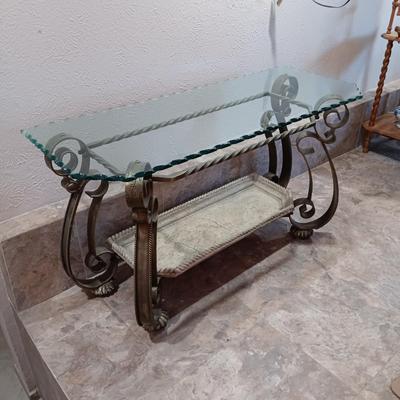 2 TIER SCALLOPED GLASS TOP SOFA AND COFFEE TABLES W/IRON FRAMES