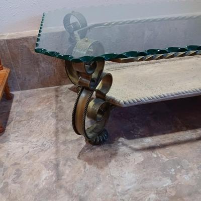 2 TIER SCALLOPED GLASS TOP SOFA AND COFFEE TABLES W/IRON FRAMES