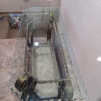 2 TIER SCALLOPED GLASS TOP SOFA AND COFFEE TABLES W/IRON FRAMES