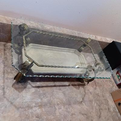 2 TIER SCALLOPED GLASS TOP SOFA AND COFFEE TABLES W/IRON FRAMES
