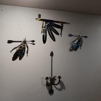 LASER CUT METAL WALL ART AND AN IRON ARROW WALL SCONCE