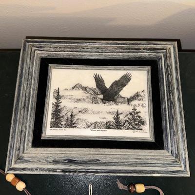 SCRIMSHAW STYLE PICTURE W/3 WOOD CARVINGS