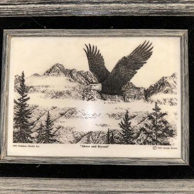 SCRIMSHAW STYLE PICTURE W/3 WOOD CARVINGS