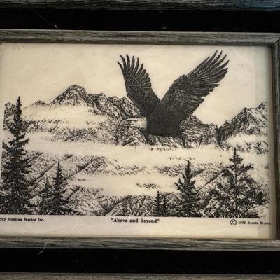 SCRIMSHAW STYLE PICTURE W/3 WOOD CARVINGS
