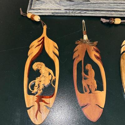 SCRIMSHAW STYLE PICTURE W/3 WOOD CARVINGS