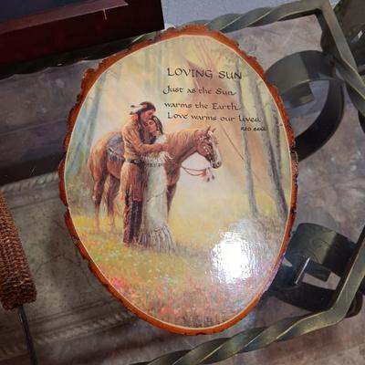 DREAM CATCHER, FRAMED PICTURE OF POT, DECOUPAGE ON WOOD AND CORN COB HANDLED TOOL