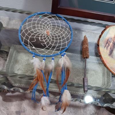 DREAM CATCHER, FRAMED PICTURE OF POT, DECOUPAGE ON WOOD AND CORN COB HANDLED TOOL